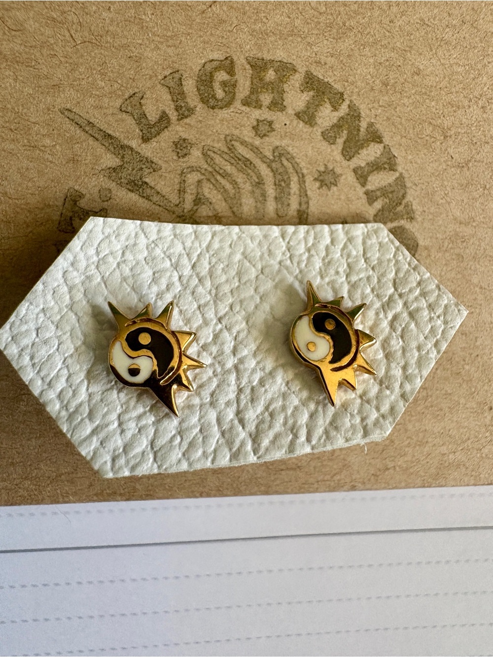 New Gold Yin Yang Sun Stud Earrings - White and Black Enamel